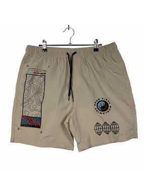 Brooklyn Cloth Drawstring Lined Volley Swim Shorts Tan Good Vibes Print Size L